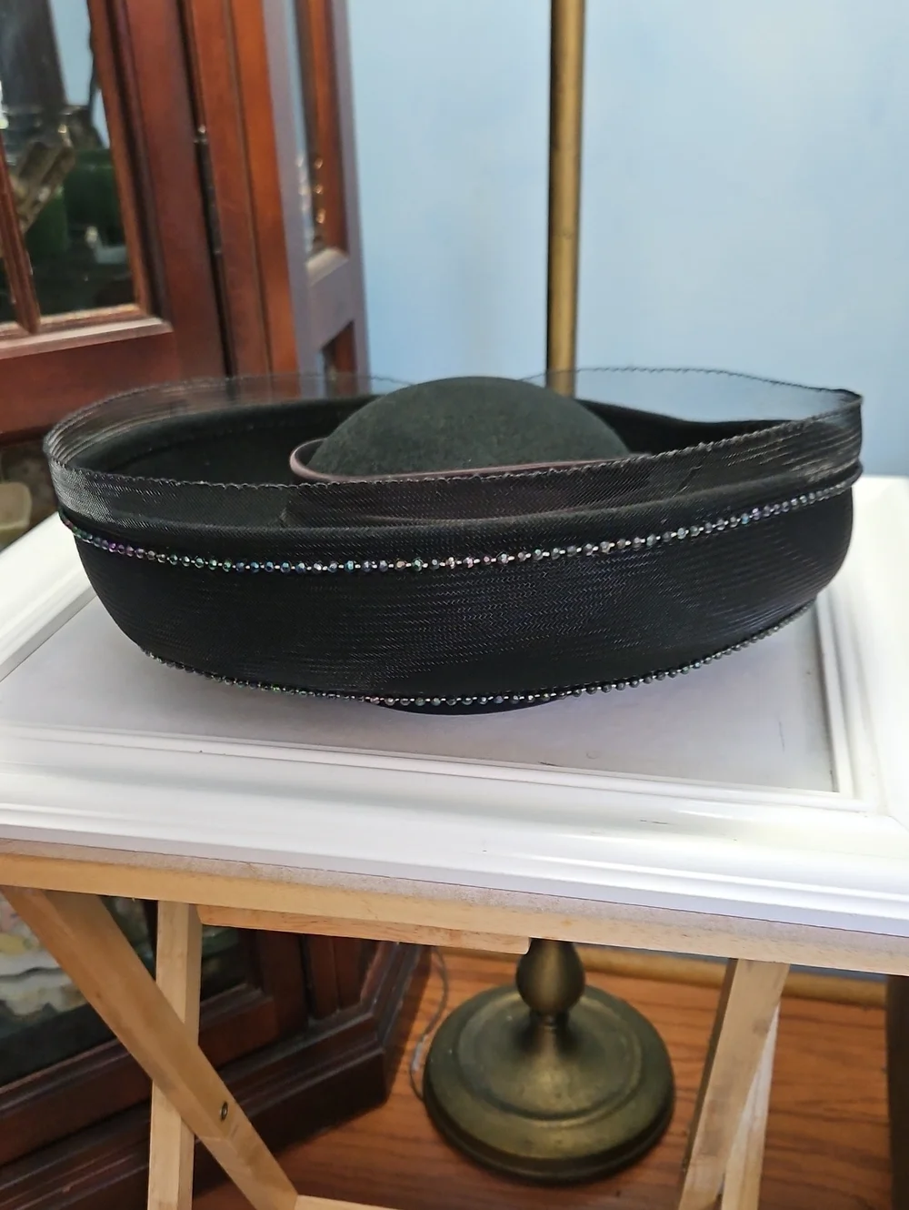 Vintage 1980's Sylvia Black Breton Decorative Women's Hat with Rhinestone Trim
